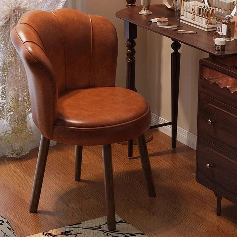 Traditional Vintage Petal-Shaped Faux Oil-Waxed Leather Solid Wood Vanity Stool Backrest Armless For Bedroom