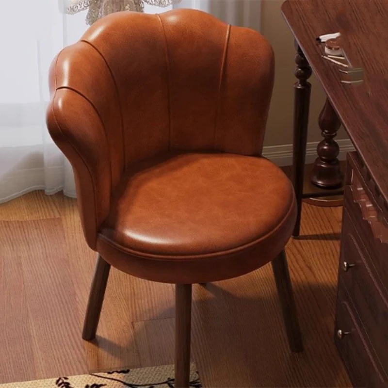 Traditional Vintage Petal-Shaped Faux Oil-Waxed Leather Solid Wood Vanity Stool Backrest Armless For Bedroom