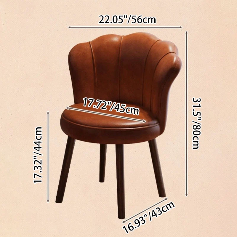 Traditional Vintage Petal-Shaped Faux Oil-Waxed Leather Solid Wood Vanity Stool Backrest Armless For Bedroom