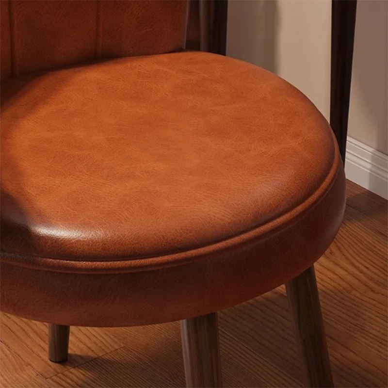 Traditional Vintage Petal-Shaped Faux Oil-Waxed Leather Solid Wood Vanity Stool Backrest Armless For Bedroom