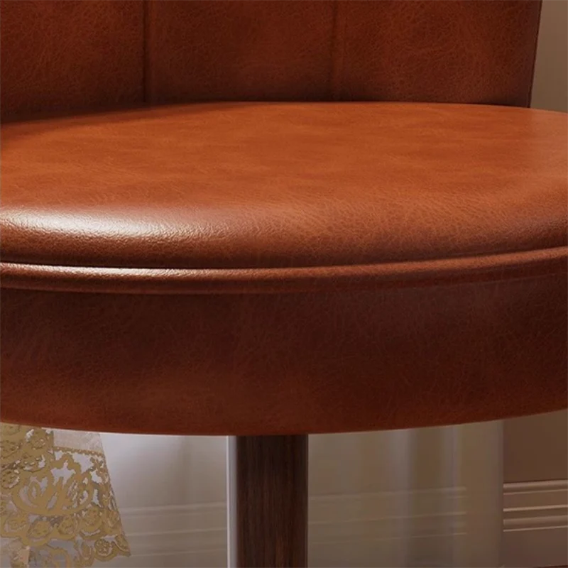 Traditional Vintage Petal-Shaped Faux Oil-Waxed Leather Solid Wood Vanity Stool Backrest Armless For Bedroom