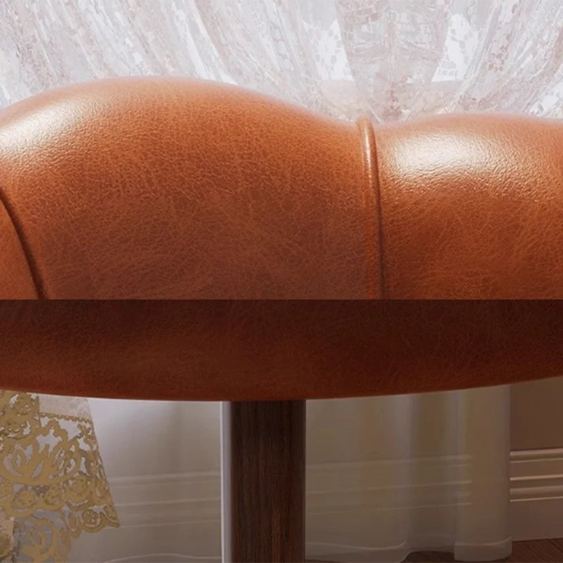 Traditional Vintage Petal-Shaped Faux Oil-Waxed Leather Solid Wood Vanity Stool Backrest Armless For Bedroom