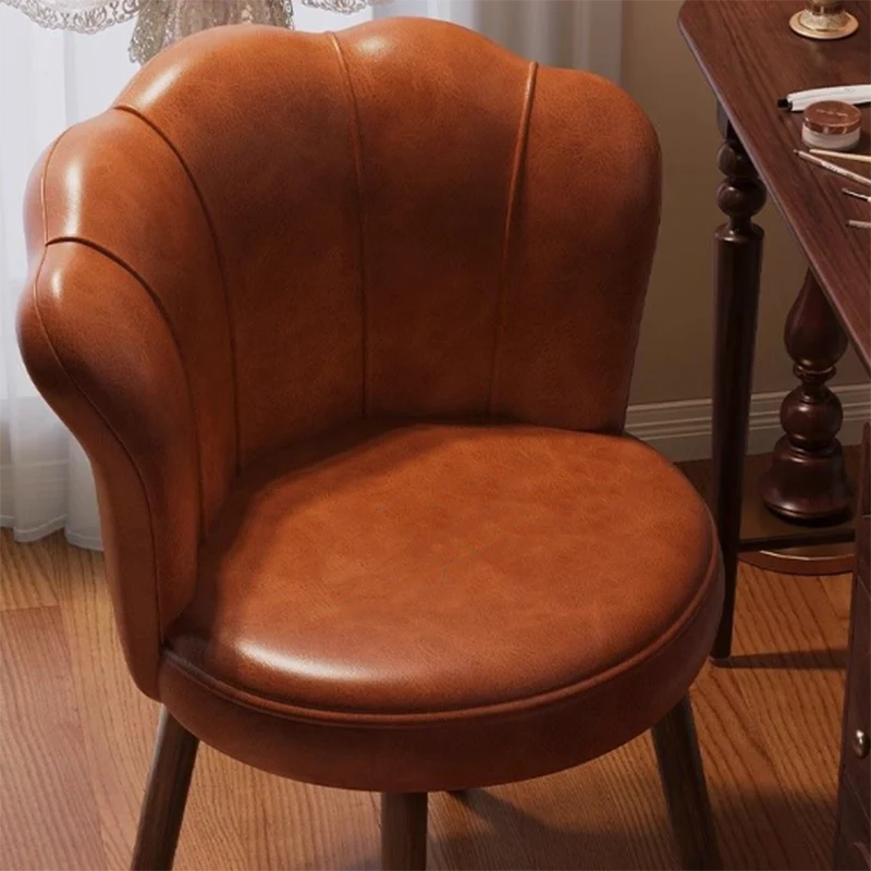 Traditional Vintage Petal-Shaped Faux Oil-Waxed Leather Solid Wood Vanity Stool Backrest Armless For Bedroom