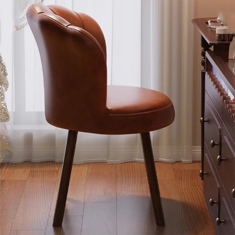 Traditional Vintage Petal-Shaped Faux Oil-Waxed Leather Solid Wood Vanity Stool Backrest Armless For Bedroom
