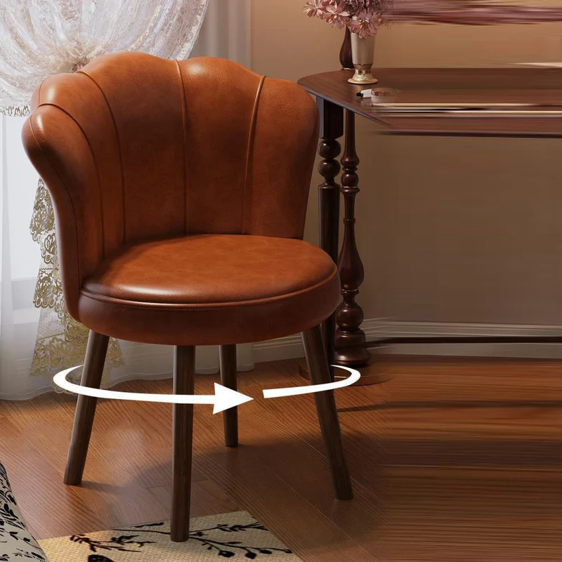 Traditional Vintage Petal-Shaped Faux Oil-Waxed Leather Solid Wood Vanity Stool Backrest Armless For Bedroom