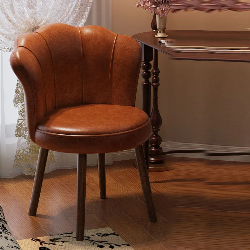 Traditional Vintage Petal-Shaped Faux Oil-Waxed Leather Solid Wood Vanity Stool Backrest Armless For Bedroom