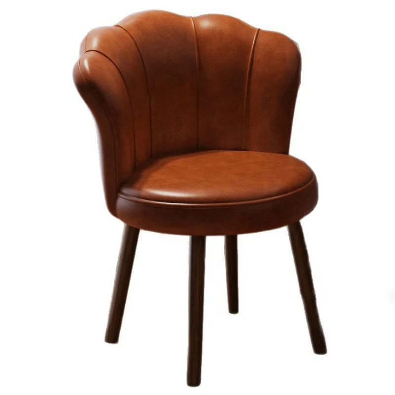 Traditional Vintage Petal-Shaped Faux Oil-Waxed Leather Solid Wood Vanity Stool Backrest Armless For Bedroom