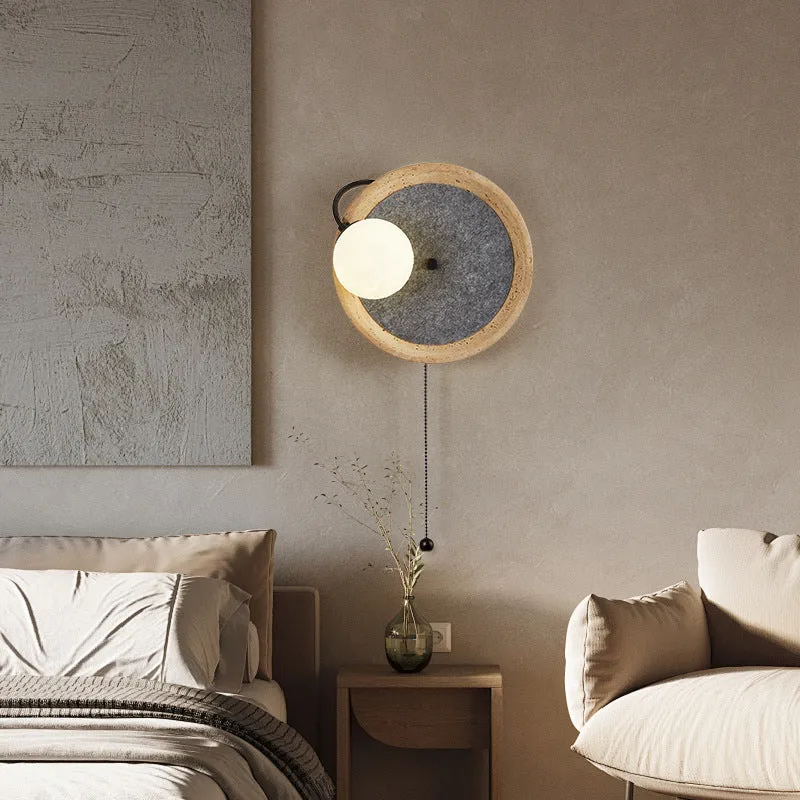 Contemporary Scandinavian Round Wrought Iron Yellow Travertine 1-Light Wall Sconce Lamp With Zipper For Bedroom & Living Room