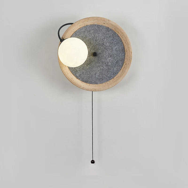 Contemporary Scandinavian Round Wrought Iron Yellow Travertine 1-Light Wall Sconce Lamp With Zipper For Bedroom & Living Room