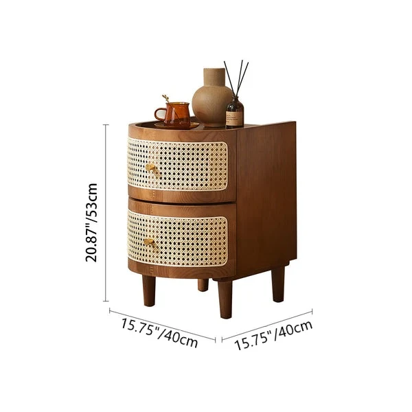 Traditional Vintage Curved Semicircle Plywood Rattan Weaving Nightstand 2-Drawer For Bedroom