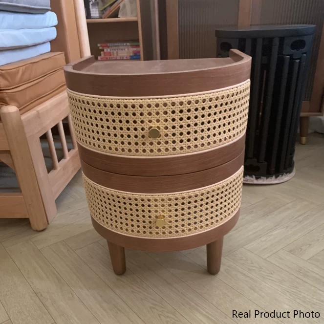 Traditional Vintage Curved Semicircle Plywood Rattan Weaving Nightstand 2-Drawer For Bedroom