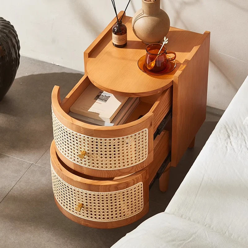 Traditional Vintage Curved Semicircle Plywood Rattan Weaving Nightstand 2-Drawer For Bedroom