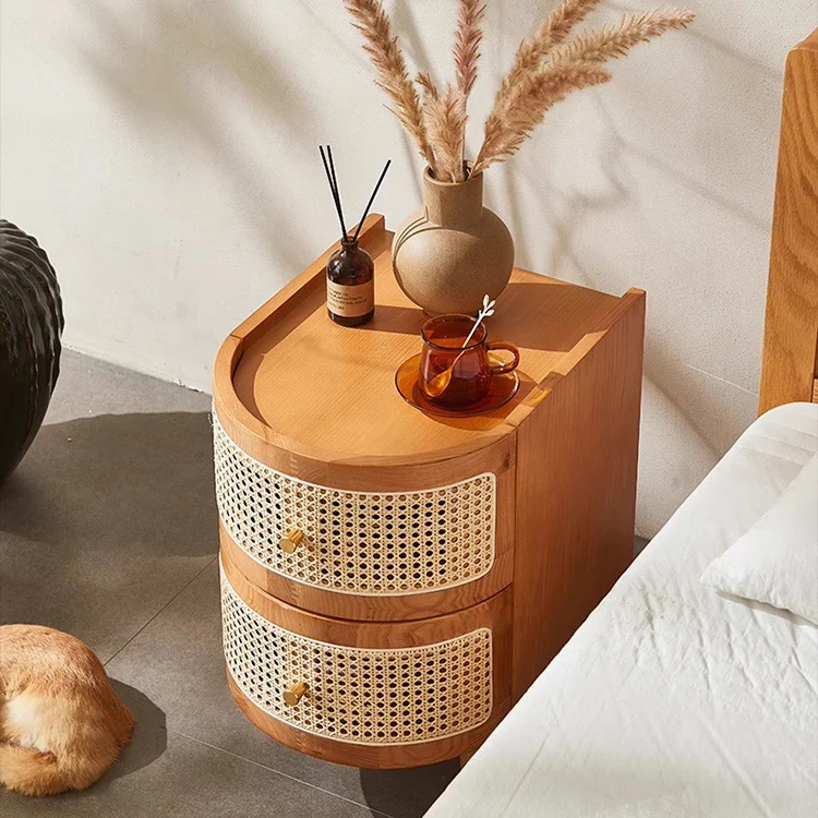 Traditional Vintage Curved Semicircle Plywood Rattan Weaving Nightstand 2-Drawer For Bedroom
