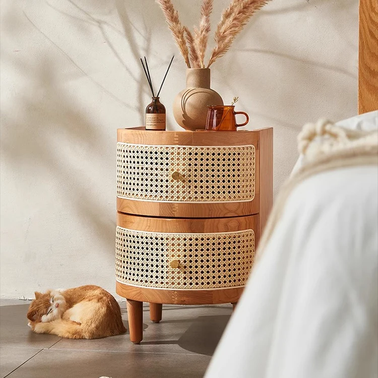 Traditional Vintage Curved Semicircle Plywood Rattan Weaving Nightstand 2-Drawer For Bedroom