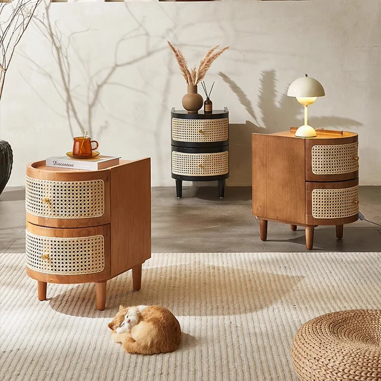 Traditional Vintage Curved Semicircle Plywood Rattan Weaving Nightstand 2-Drawer For Bedroom