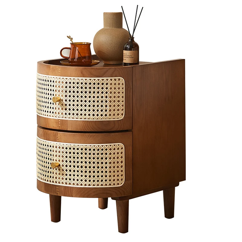 Traditional Vintage Curved Semicircle Plywood Rattan Weaving Nightstand 2-Drawer For Bedroom