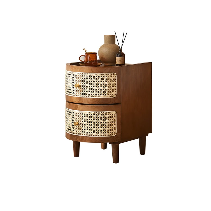 Traditional Vintage Curved Semicircle Plywood Rattan Weaving Nightstand 2-Drawer For Bedroom
