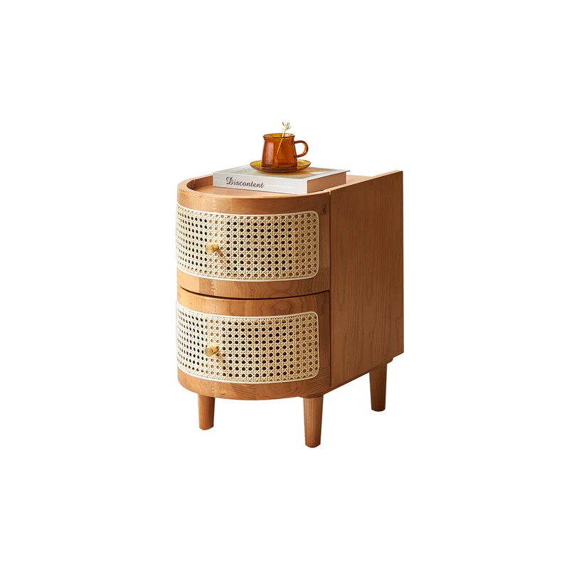 Traditional Vintage Curved Semicircle Plywood Rattan Weaving Nightstand 2-Drawer For Bedroom