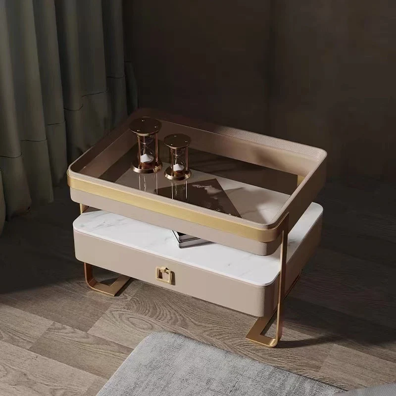 Contemporary Scandinavian Rectangular Glass Sintered Stone Plywood Stainless Steel Faux Leather Velvet Nightstand 1-Drawer For Bedroom