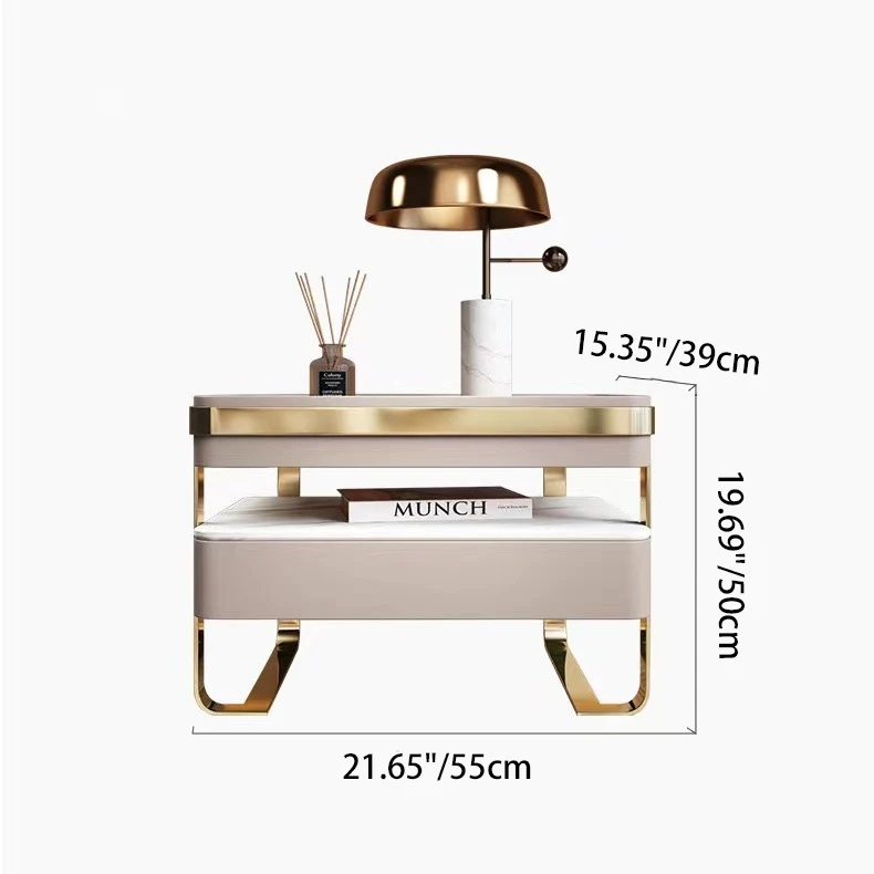 Contemporary Scandinavian Rectangular Glass Sintered Stone Plywood Stainless Steel Faux Leather Velvet Nightstand 1-Drawer For Bedroom