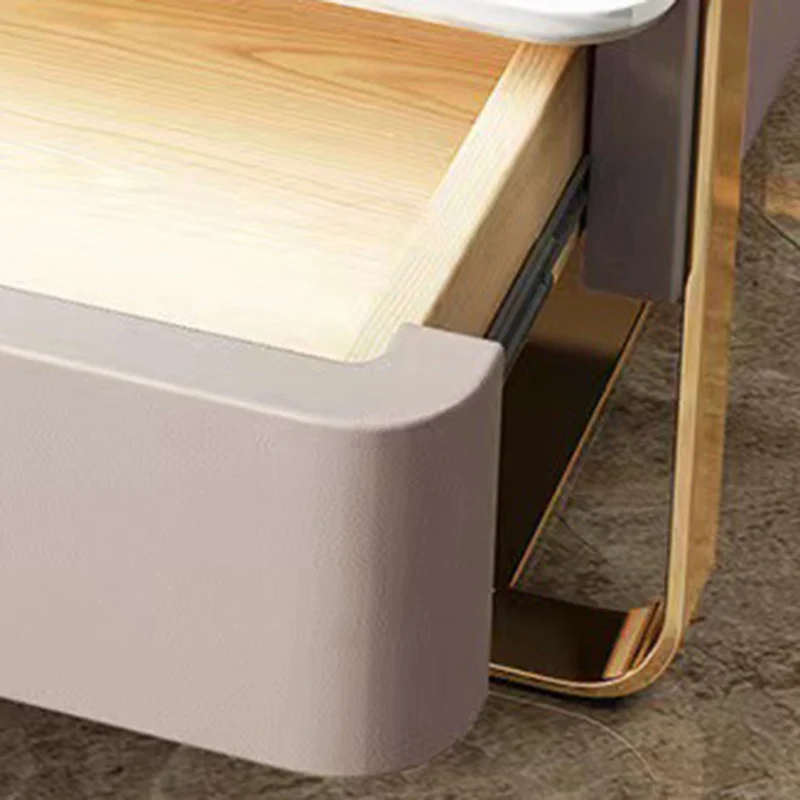 Contemporary Scandinavian Rectangular Glass Sintered Stone Plywood Stainless Steel Faux Leather Velvet Nightstand 1-Drawer For Bedroom