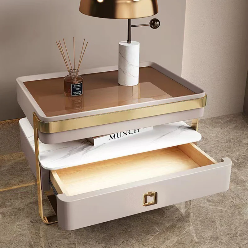 Contemporary Scandinavian Rectangular Glass Sintered Stone Plywood Stainless Steel Faux Leather Velvet Nightstand 1-Drawer For Bedroom