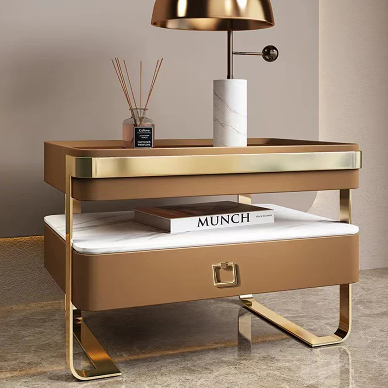 Contemporary Scandinavian Rectangular Glass Sintered Stone Plywood Stainless Steel Faux Leather Velvet Nightstand 1-Drawer For Bedroom