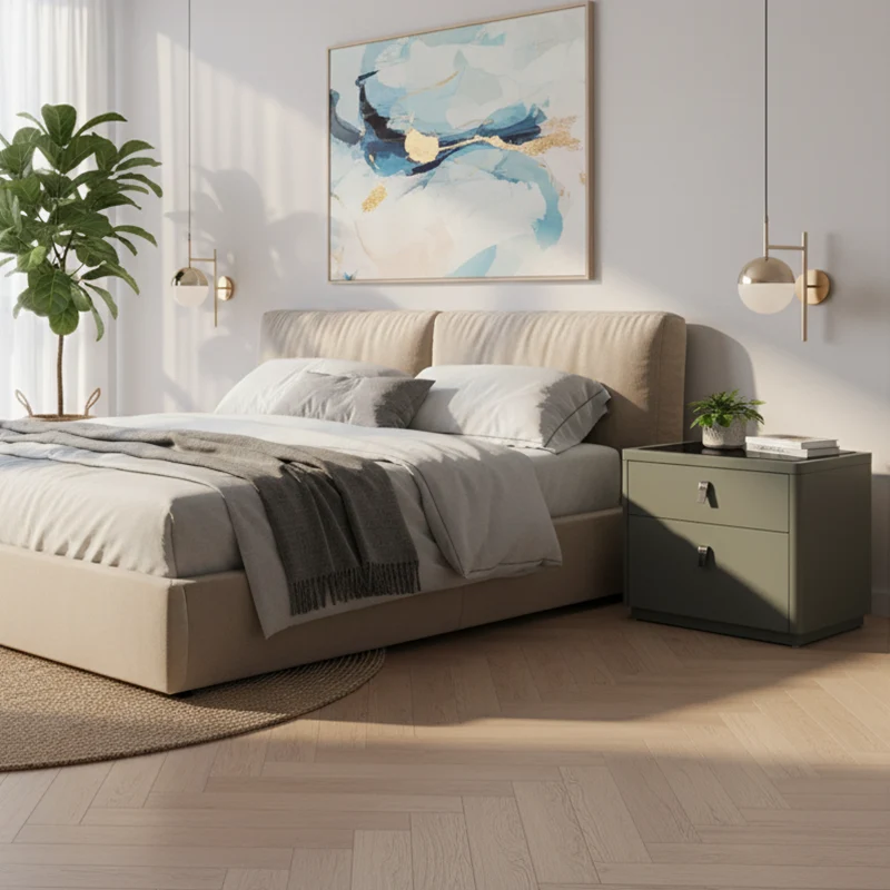 Contemporary Nordic Faux Leather Bedside Table - Elegant Glass Top 2-Drawers For Bedroom
