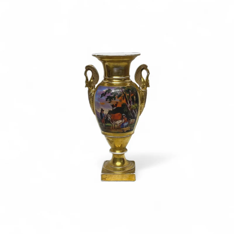 Ánfora francesa decorativa de porcelana pintada a mano con escenas pastorales