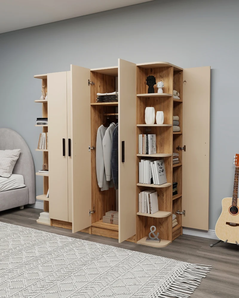 Linda-Lusus 6-Door Double Wardrobe Set with Shelves & Cabinets – 180 cm Modern Bedroom Storage Closet with Hanging Rails