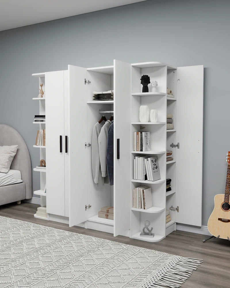 Linda-Lusus 6-Door Double Wardrobe Set with Shelves & Cabinets – 180 cm Modern Bedroom Storage Closet with Hanging Rails
