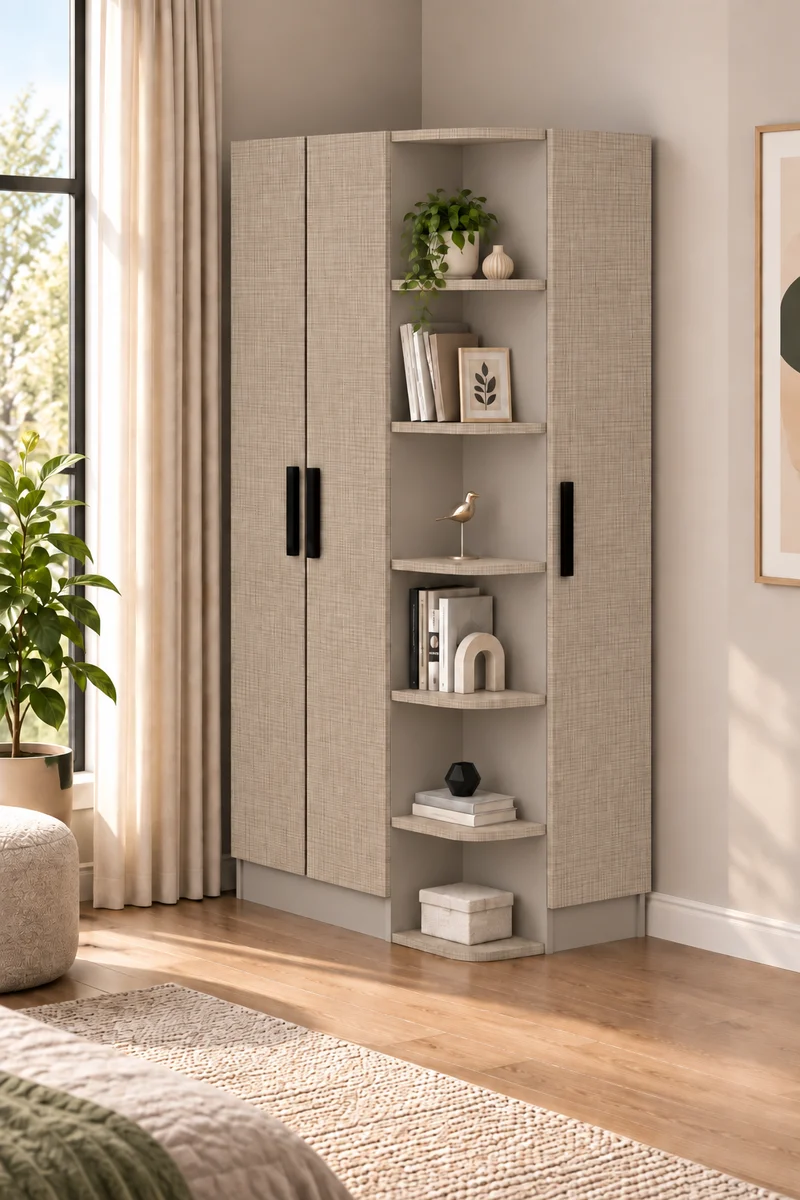 Luses Corner Wardrobe Closet with Shelves & Hanging Rail, Right Side