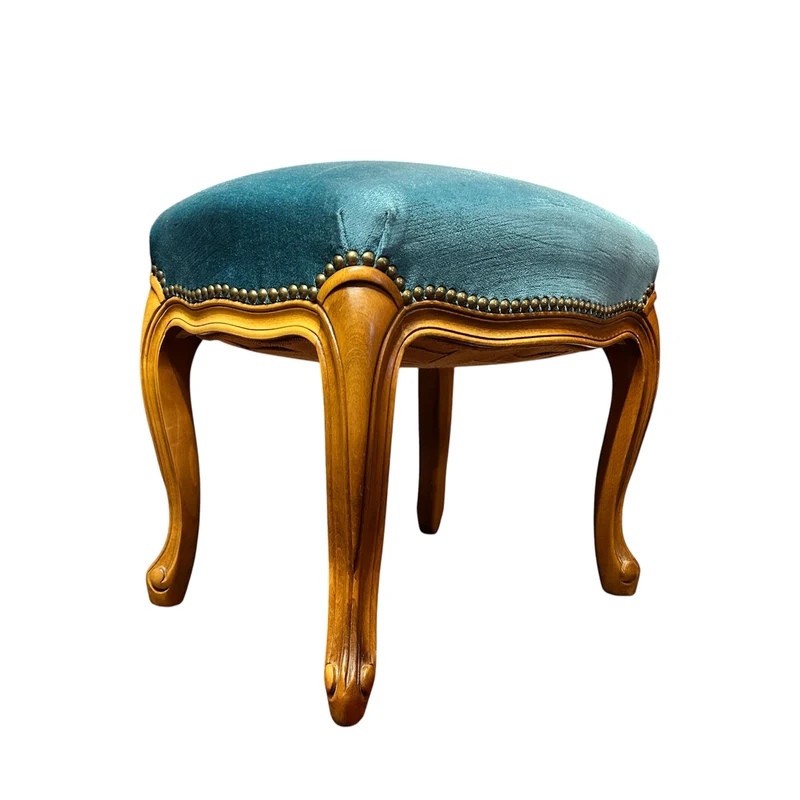Taburete en madera citronnier tapiz turquesa estilo Luis XV