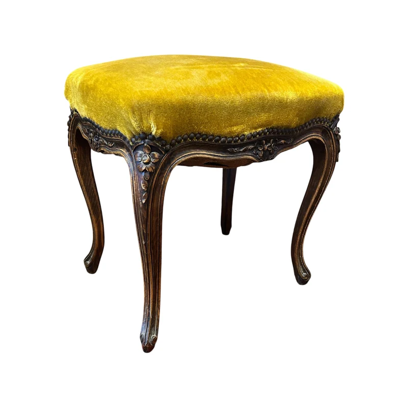 Taburete francés tapiz mostaza en madera de roble tallada Luis XV