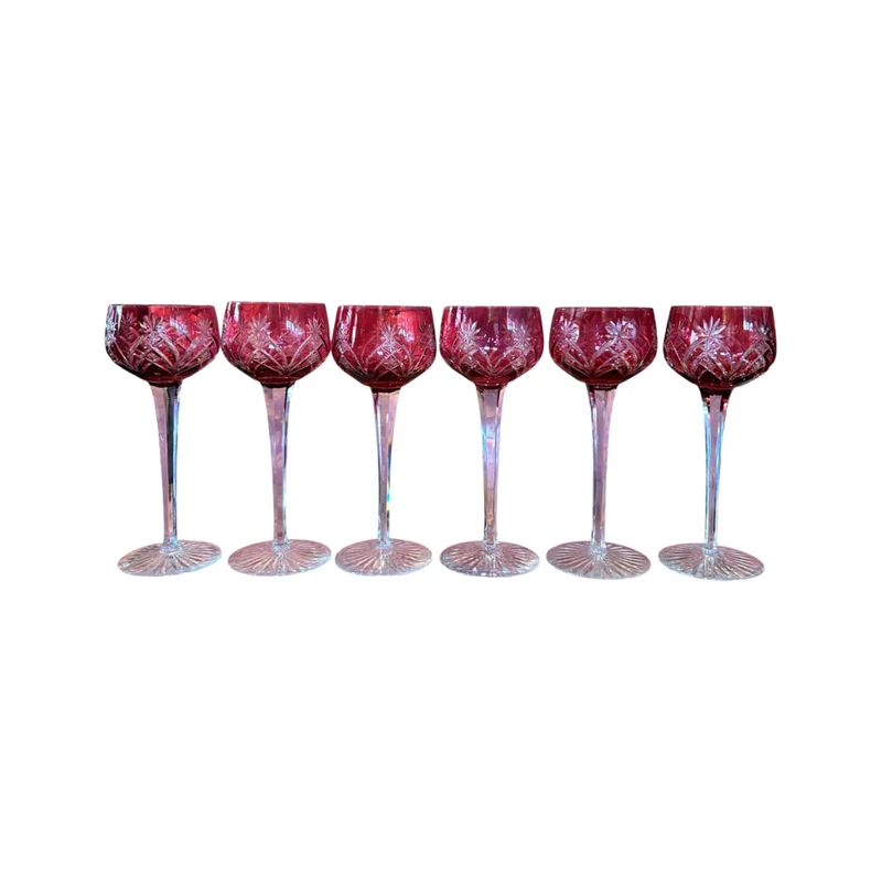 Juego de seis copas alemanas de cristal cortado color rubí s.XX