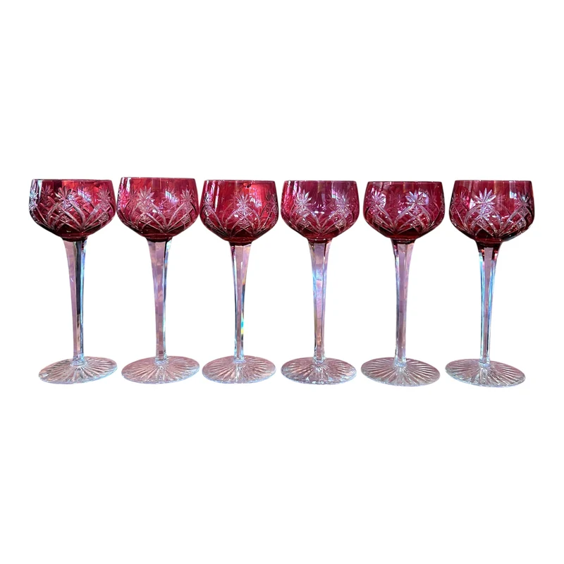 Juego de seis copas alemanas de cristal cortado color rubí s.XX