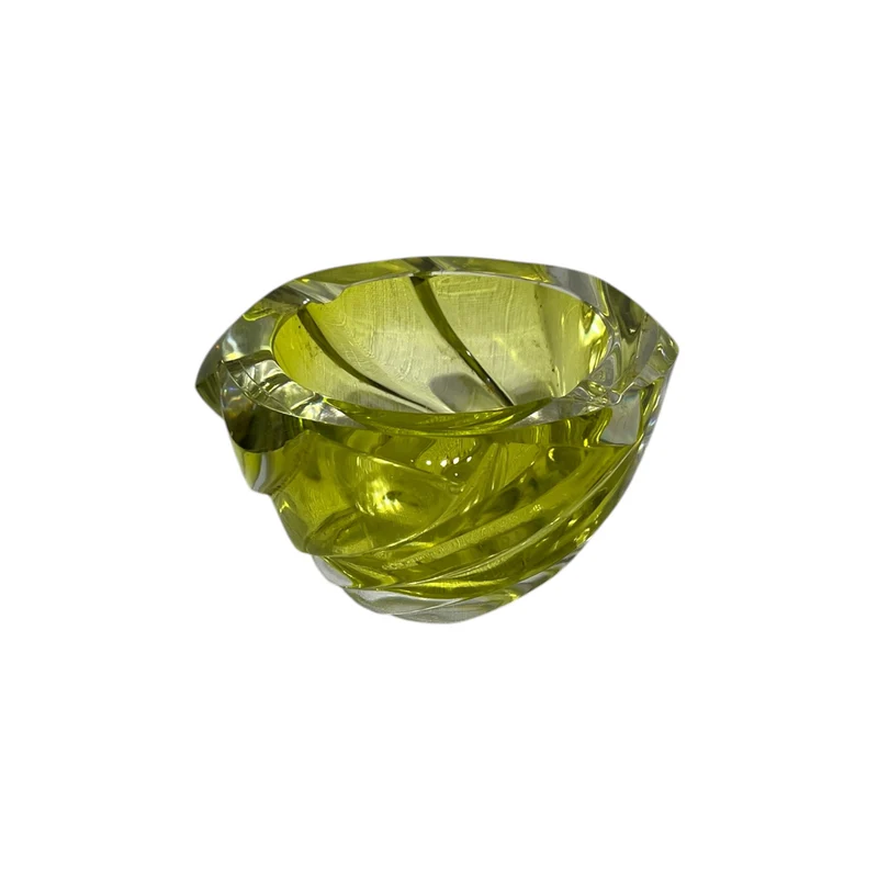 Centro de mesa de cristal amarillo con relieves en espiral Art Deco años 60