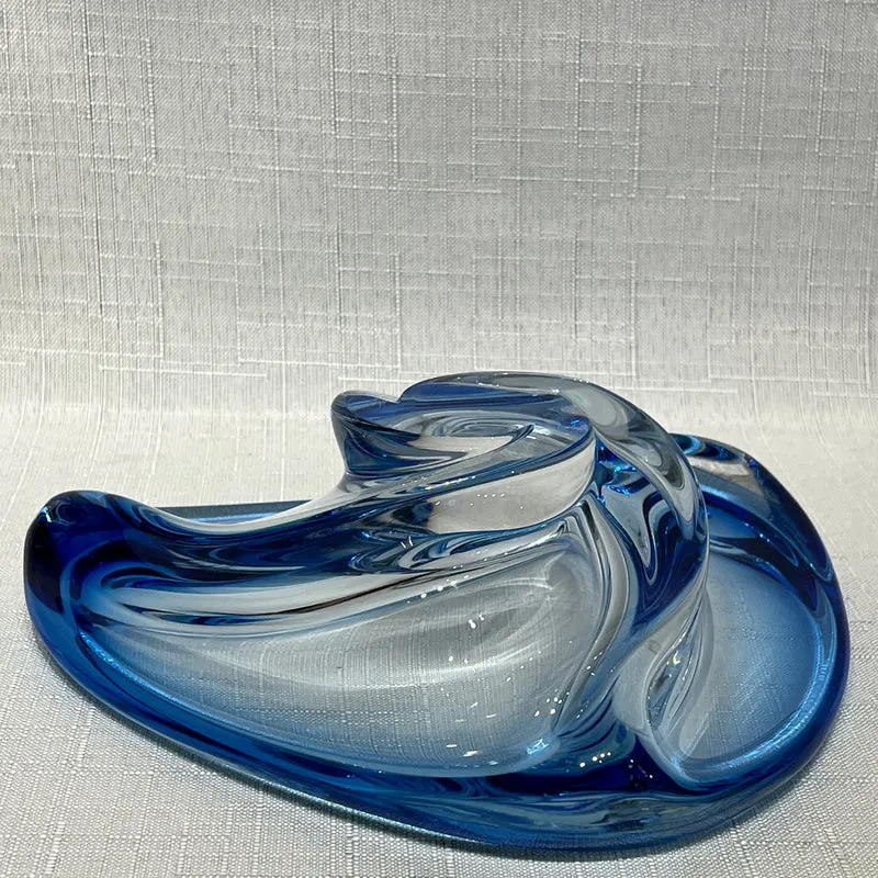Vide-poche francés de cristal diseño espiral azul belga años 70