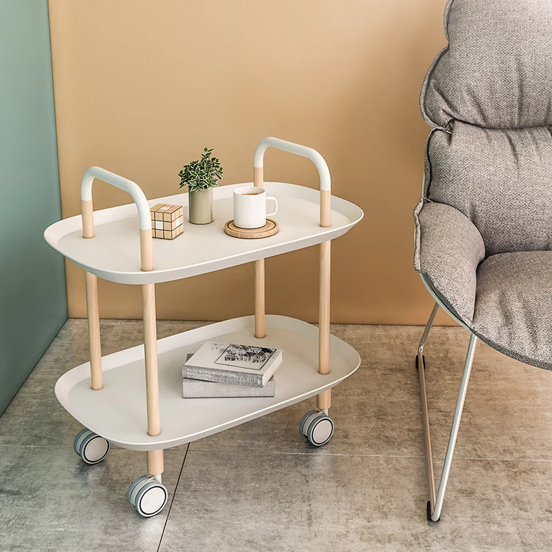 Nordic Mobile Side Table - Beech Wood Frame Silent Locking Caster Wheels 2-Tier Small Cart For Living Room & Bedroom