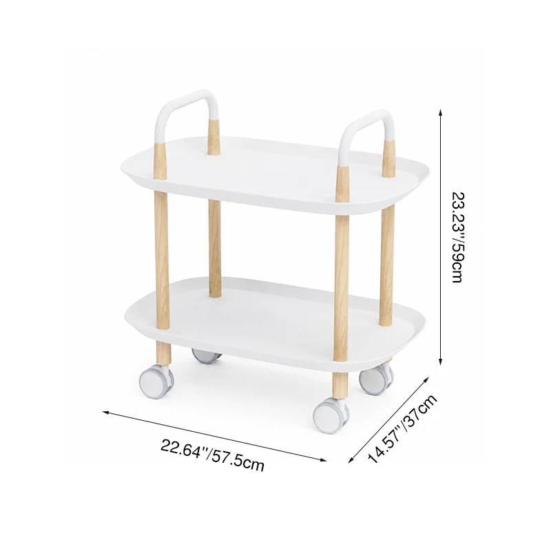 Nordic Mobile Side Table - Beech Wood Frame Silent Locking Caster Wheels 2-Tier Small Cart For Living Room & Bedroom