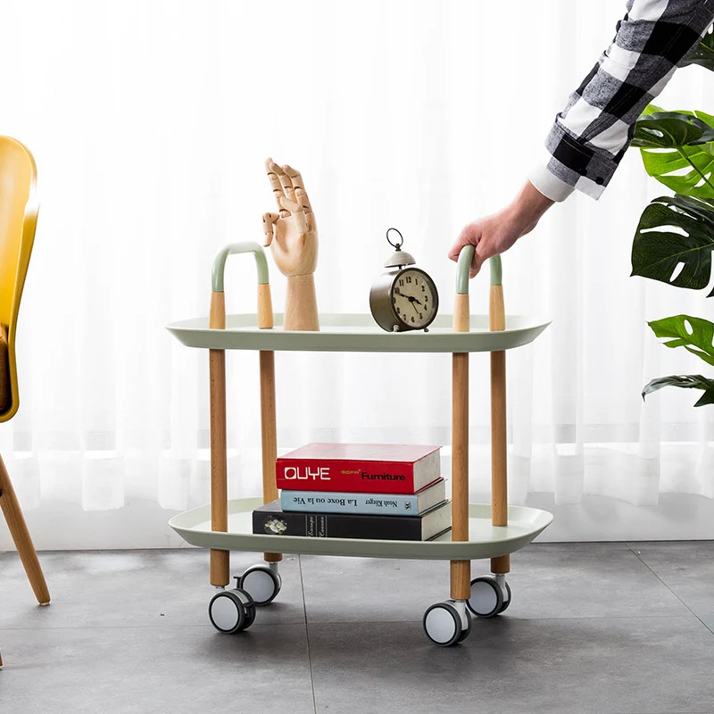 Nordic Mobile Side Table - Beech Wood Frame Silent Locking Caster Wheels 2-Tier Small Cart For Living Room & Bedroom
