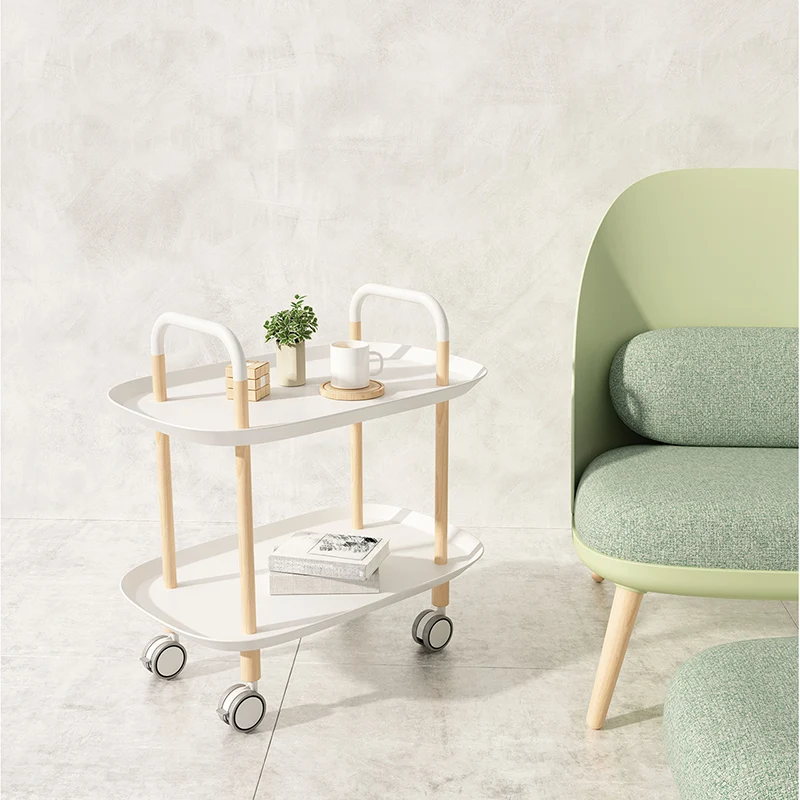 Nordic Mobile Side Table - Beech Wood Frame Silent Locking Caster Wheels 2-Tier Small Cart For Living Room & Bedroom