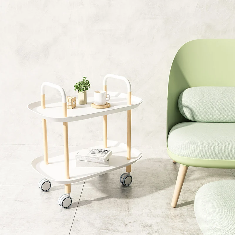 Nordic Mobile Side Table - Beech Wood Frame Silent Locking Caster Wheels 2-Tier Small Cart For Living Room & Bedroom
