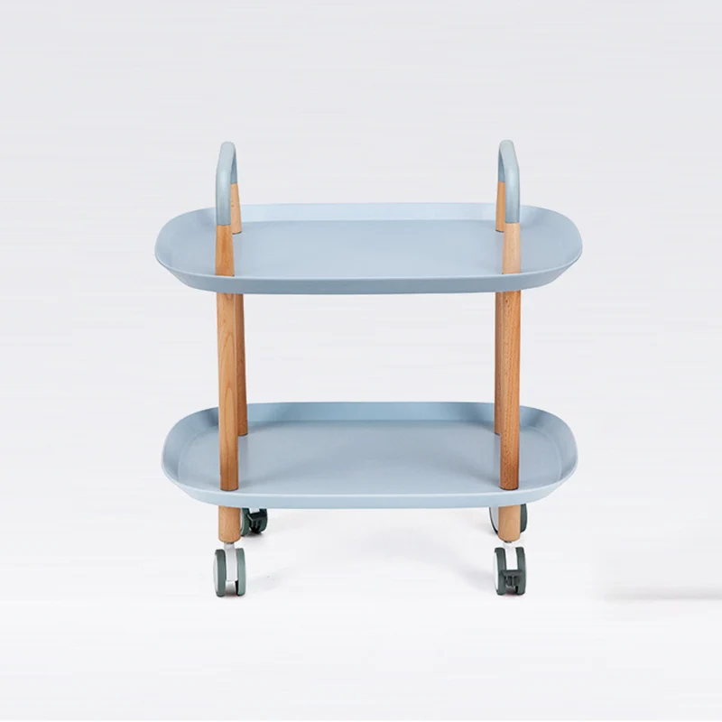 Nordic Mobile Side Table - Beech Wood Frame Silent Locking Caster Wheels 2-Tier Small Cart For Living Room & Bedroom