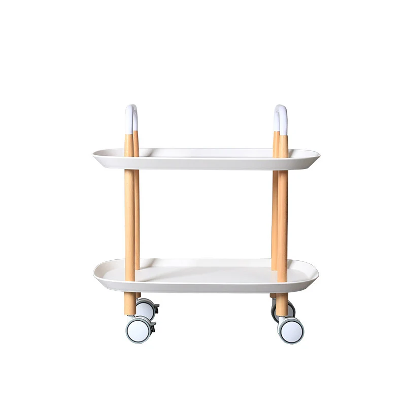 Nordic Mobile Side Table - Beech Wood Frame Silent Locking Caster Wheels 2-Tier Small Cart For Living Room & Bedroom