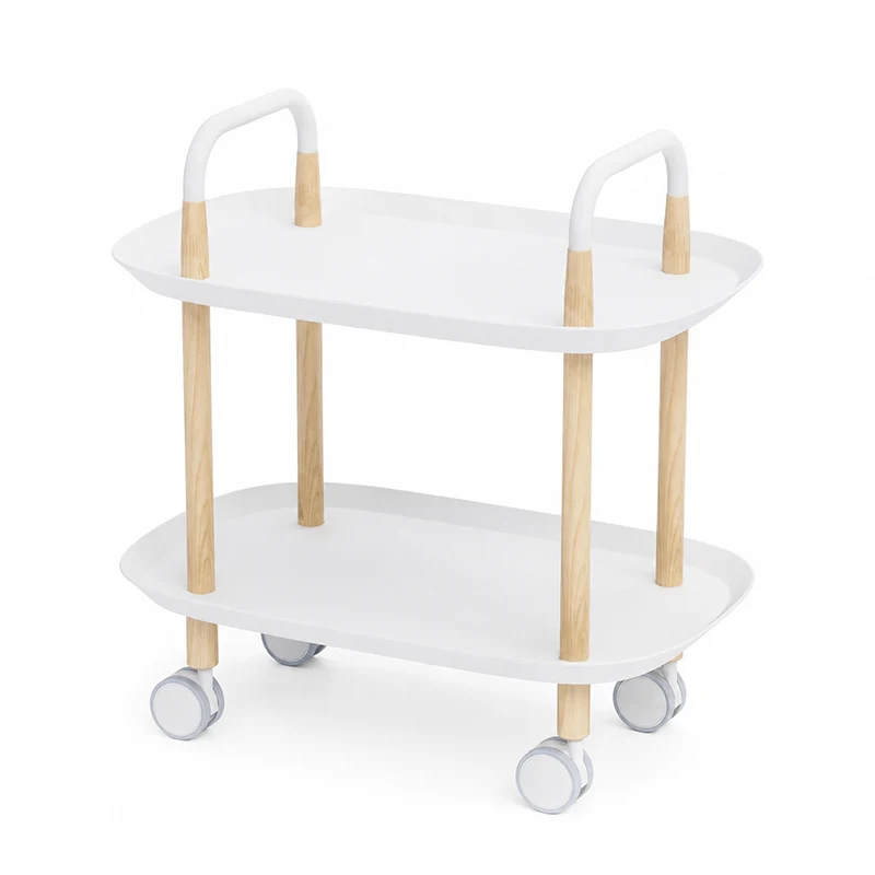 Nordic Mobile Side Table - Beech Wood Frame Silent Locking Caster Wheels 2-Tier Small Cart For Living Room & Bedroom