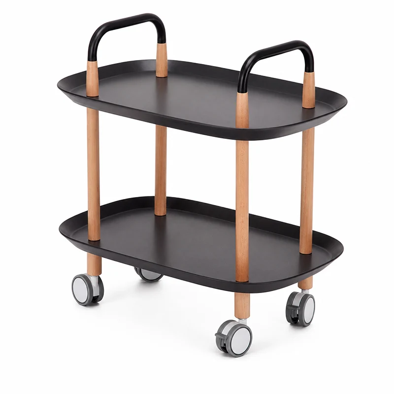 Nordic Mobile Side Table - Beech Wood Frame Silent Locking Caster Wheels 2-Tier Small Cart For Living Room & Bedroom