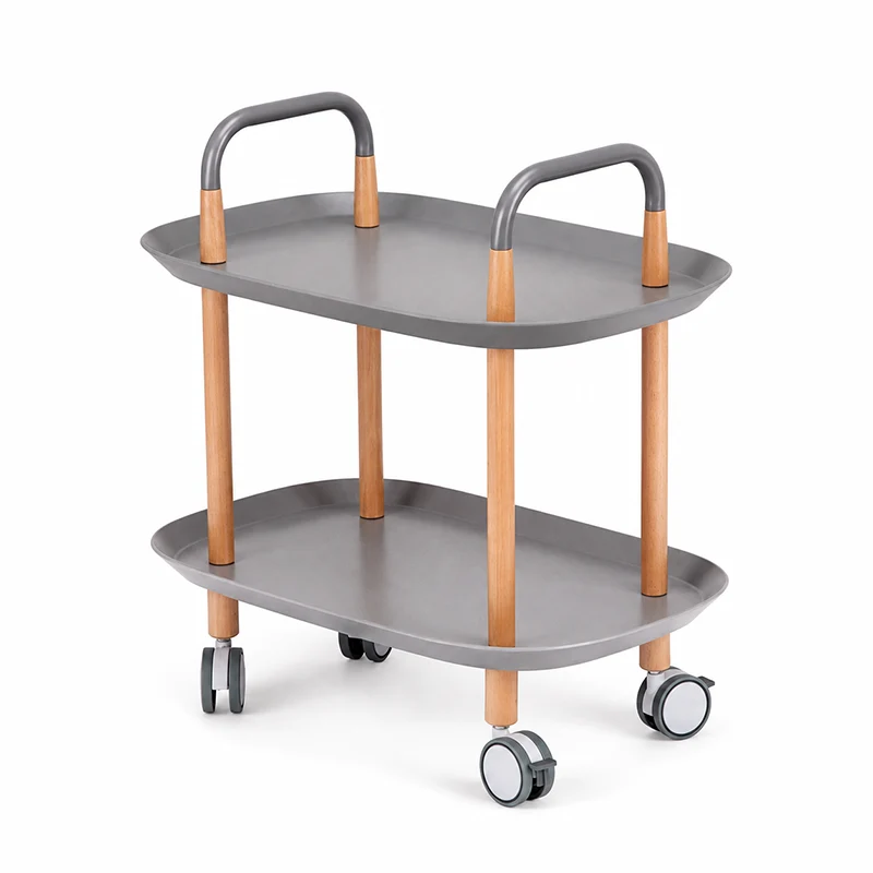 Nordic Mobile Side Table - Beech Wood Frame Silent Locking Caster Wheels 2-Tier Small Cart For Living Room & Bedroom