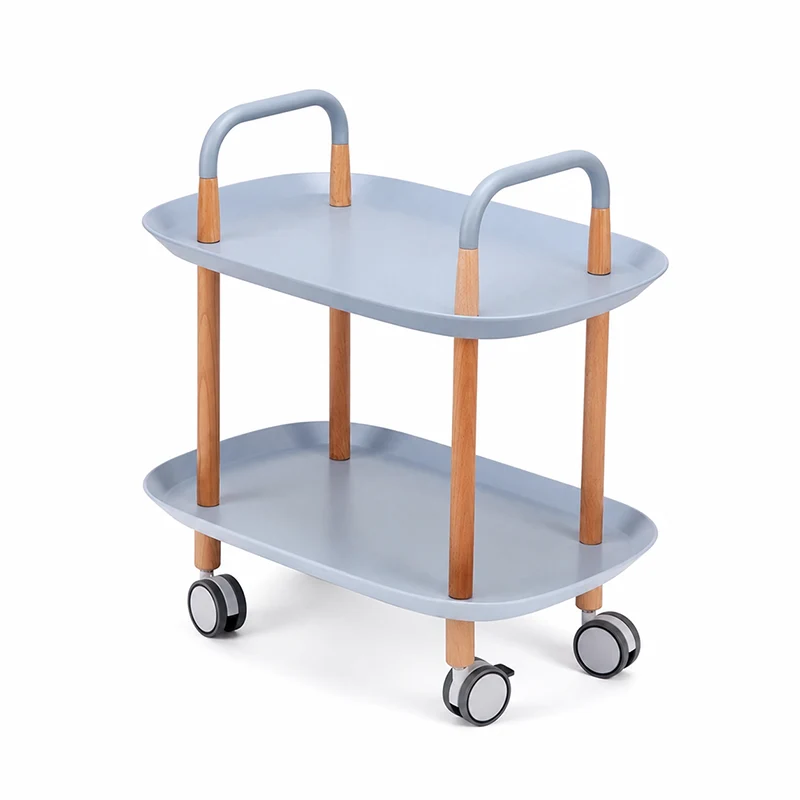 Nordic Mobile Side Table - Beech Wood Frame Silent Locking Caster Wheels 2-Tier Small Cart For Living Room & Bedroom