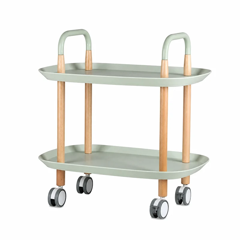 Nordic Mobile Side Table - Beech Wood Frame Silent Locking Caster Wheels 2-Tier Small Cart For Living Room & Bedroom